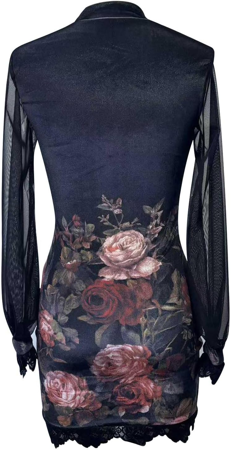 Women's Lace Trim Velvet Mini Dress Vintage Floral Print Sheer Sleeve Slim Fit Sexy Cocktail Party Evening Dresses