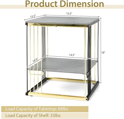 Miniatura 3 de GOFLAME Mesa auxiliar auxiliar, mesita de noche cuadrada de 2 niveles con marco de metal, estante extraíble, mesa de centro de centro para sala de