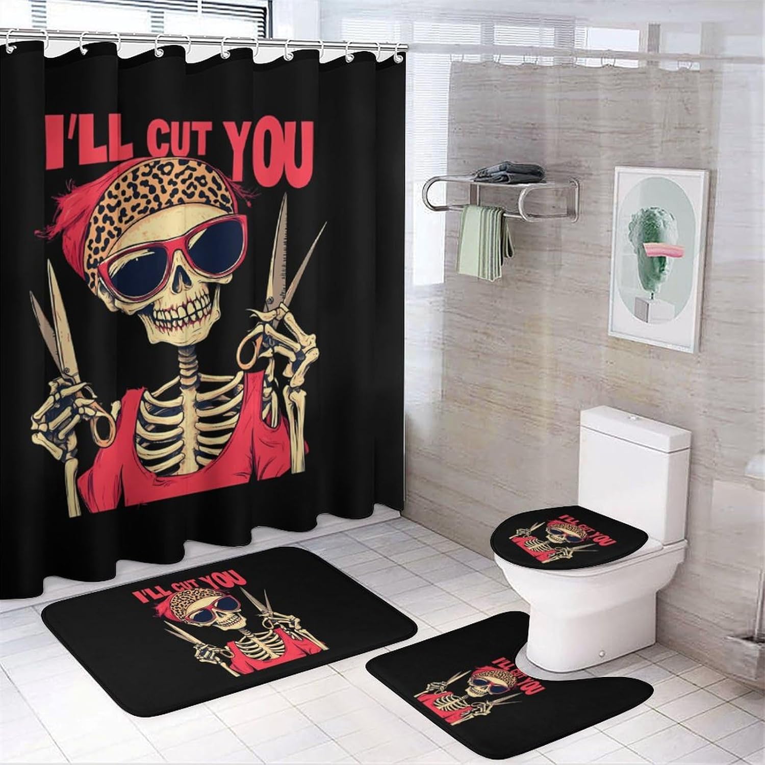 I'll Cut You Skull Hairdresser Bathroom Sets with Shower Curtain and Rugs 4 Piece with U-Shaped Floor Mat Toilet Lid Cover