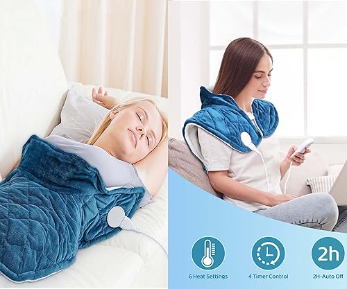 Miniatura 5 de Almohadilla térmica para cuello y hombros, 5 ajustes de calor de 2 horas de apagado automático de 2.4 libras, almohadilla térmica grande con peso