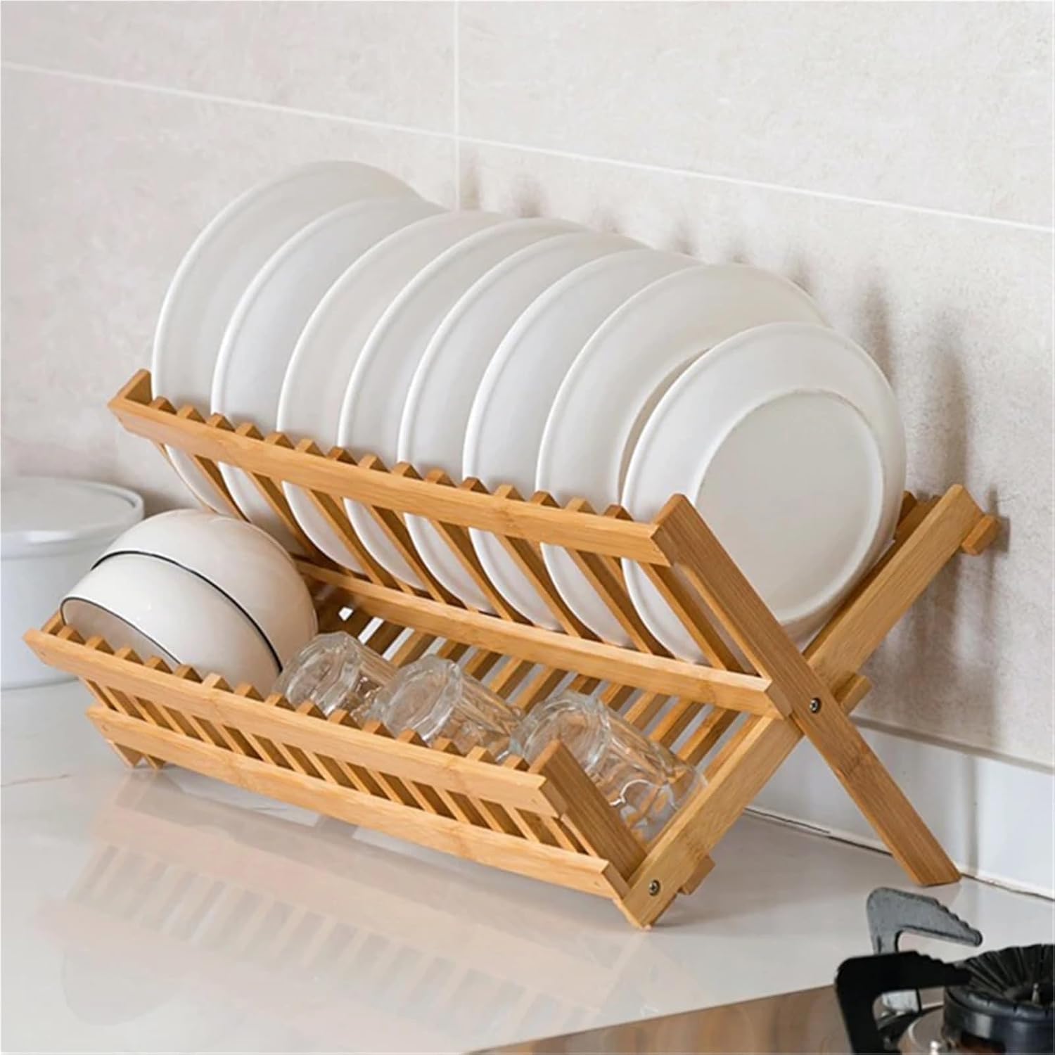 Storage Tray Bamboo Double-Layer Bowl Tray Rack Convenient Drain Rack Multifunctional Dish Drying Rack Kitchen Supplies(16 grids)