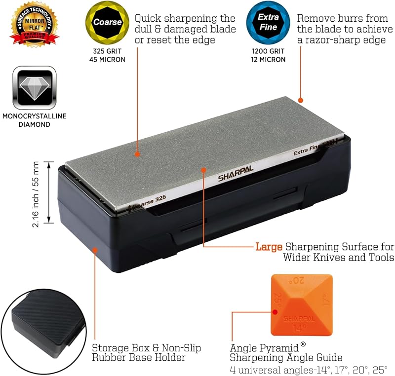 SHARPAL 162N Double-sided Diamond Sharpening Stone Whetstone Knife Sharpener |Coarse 325 / Extra Fine 1200 Grit | Storage Case with NonSlip Base & Angle Guide (8 in. x 3 in.) 20.3 cm x 7.6 cm / 8 x 3 inches