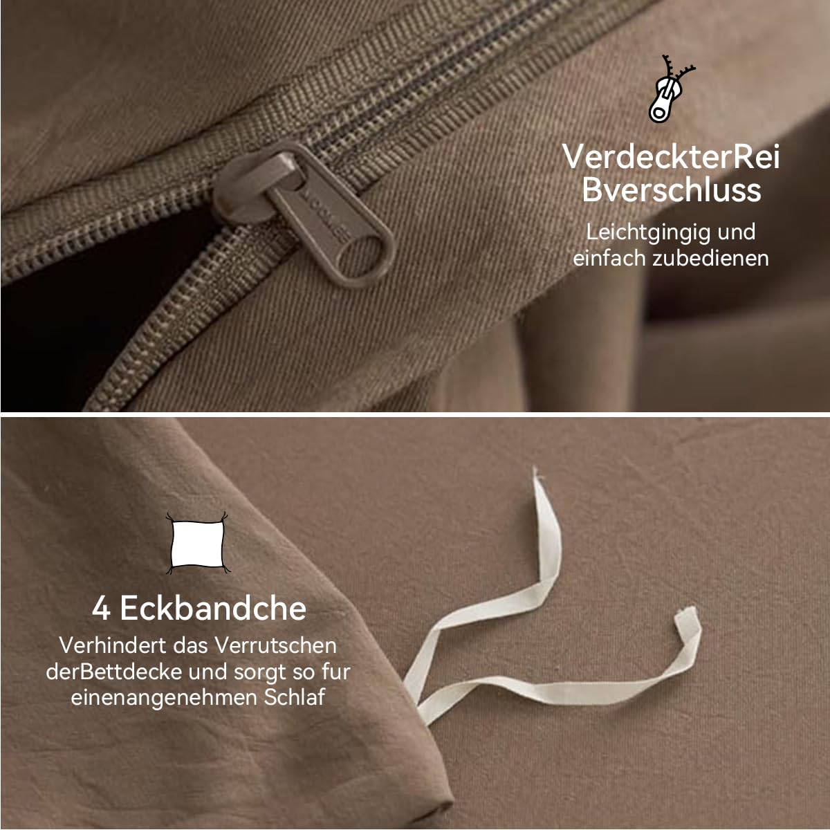 Sedefen Bettwäsche 220x240 cm Baumwolle Braun,Oeko-TEX zertifizierte Bettwäsche Set,Baumwollbettwäsche mit Reißverschluss und 2 Kissenbezug 80x80 cm