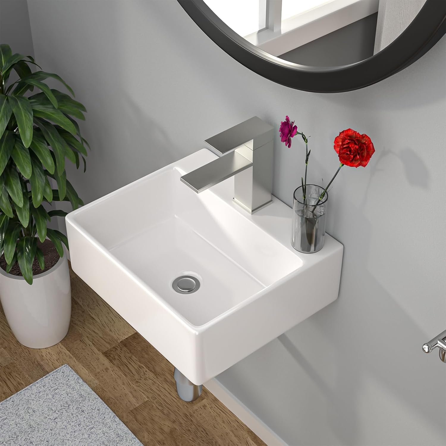 Kichae Wall Mount Hung Small Vessel Sink - Bathroom Corner Floating Sink Rectangle 13" x 11" Modern Bathroom White Porcelain Ceramic Vessel Vanity Sink with Faucet Hole 13"x11" White-wallmount