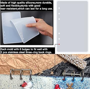 5-Piece Full-Featured Notebook Resin Casting Molds Kit - Includes 2 PCS A6 Silicone Molds for Resin Book Cover, 2 Pcs Three-Ring Book Binder Rings, 1 Pack Refill Paper