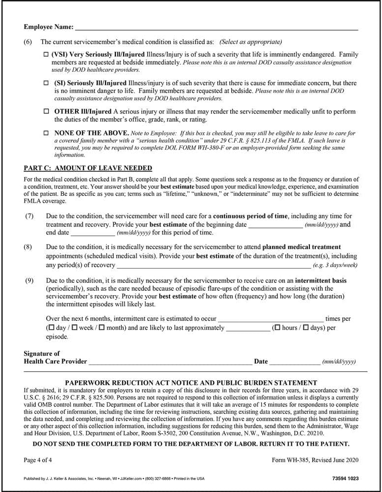 J. J. Keller & Associates, Inc. FMLA Certification for Serious Injury or Illness of a Current Service Member for Military Caregiver Leave, Form WH-385, English, 8.5" x 11", Made in USA, 25-Pack
