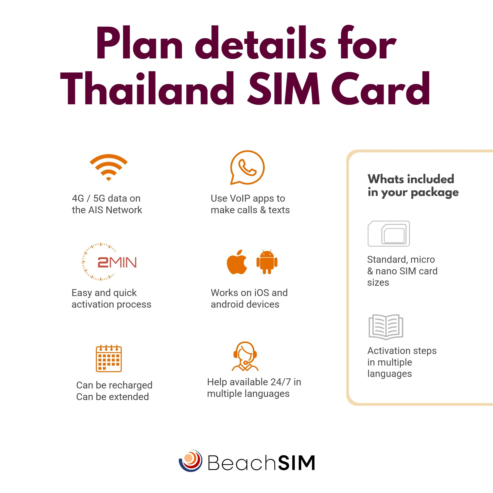 Tarjeta SIM Tailandia 30 días. 10GB de Datos prepagados a velocidades 4G/5G. Fácil de recargar. Funciona en Dispositivos iOS y Android desbloqueados.