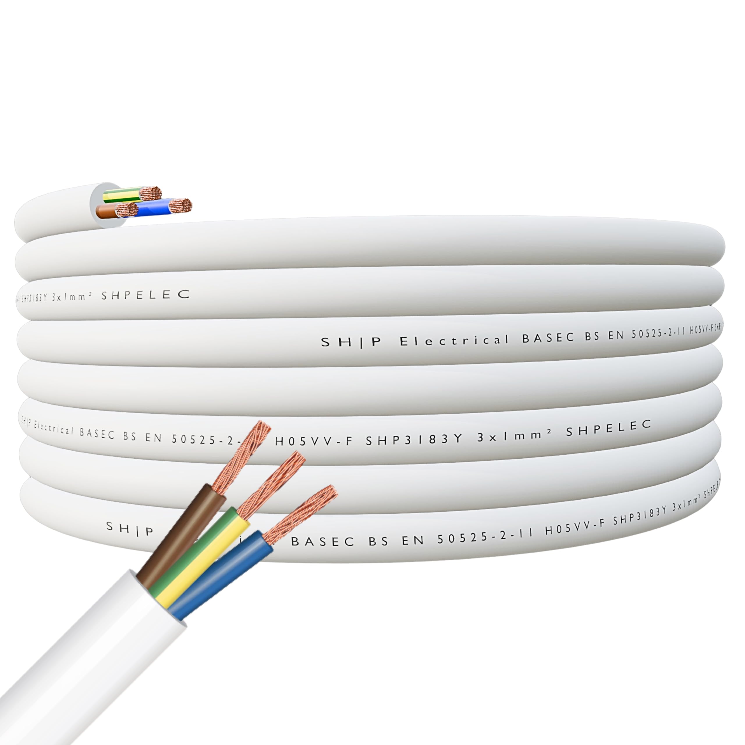 SHPELEC® FLEXIBLE White Cable 3183Y 0.75mm, 1.0mm, 1.5mm, 2.5mm BASEC Approved White PVC LED Lighting 5m 10m 15m 20m 50m (1.0mm 3 Core - 90metres) — image 1