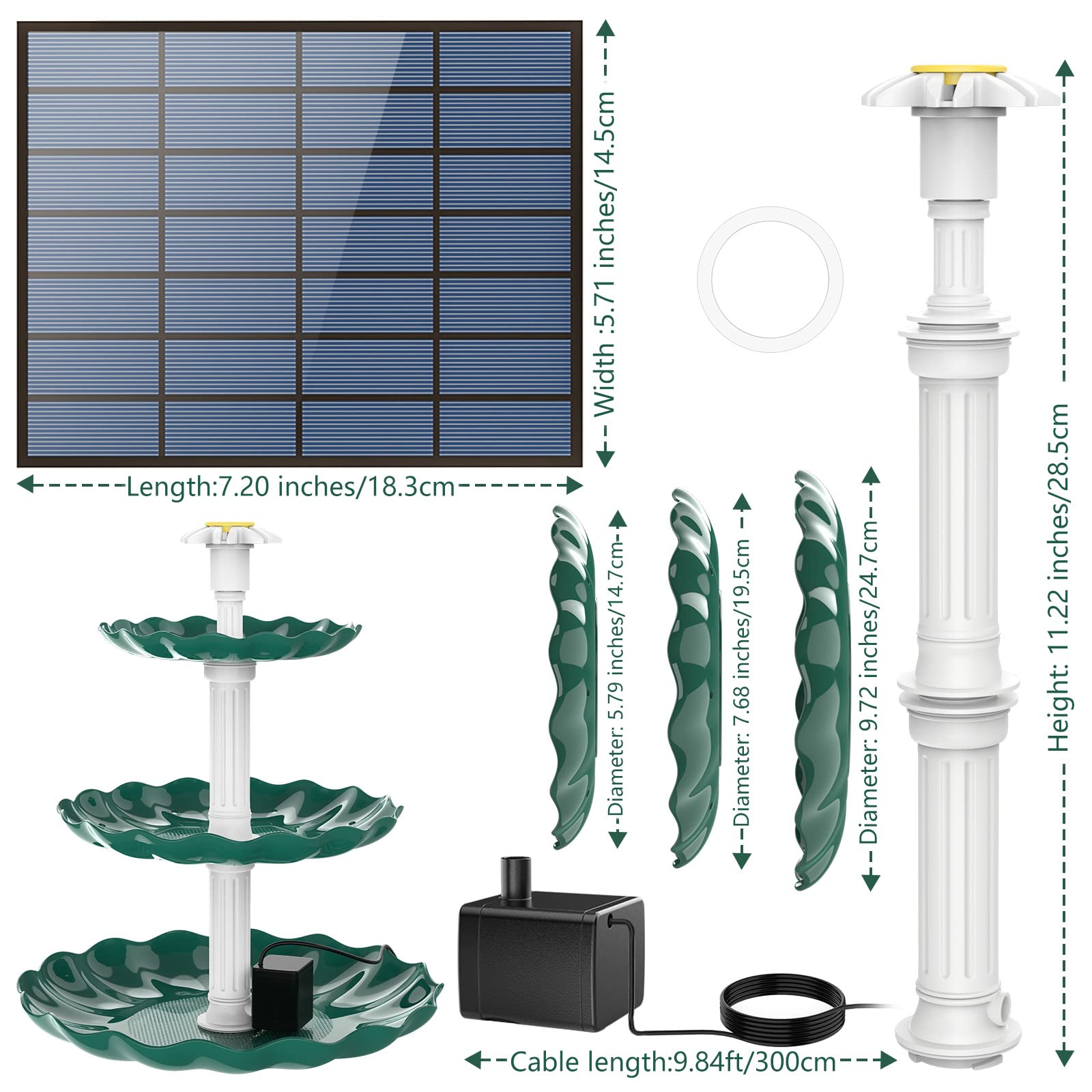AISITIN DIY Brunnen Dunkelgrün,Vogeltränke Sets mit 3,5W Solar Springbrunnen, 3 Stufige Vogelfütterer für Draußen,Vogelbad und DIY Solarbrunnen Abnehmbar und Geeignet für Vogeltränke, Garten