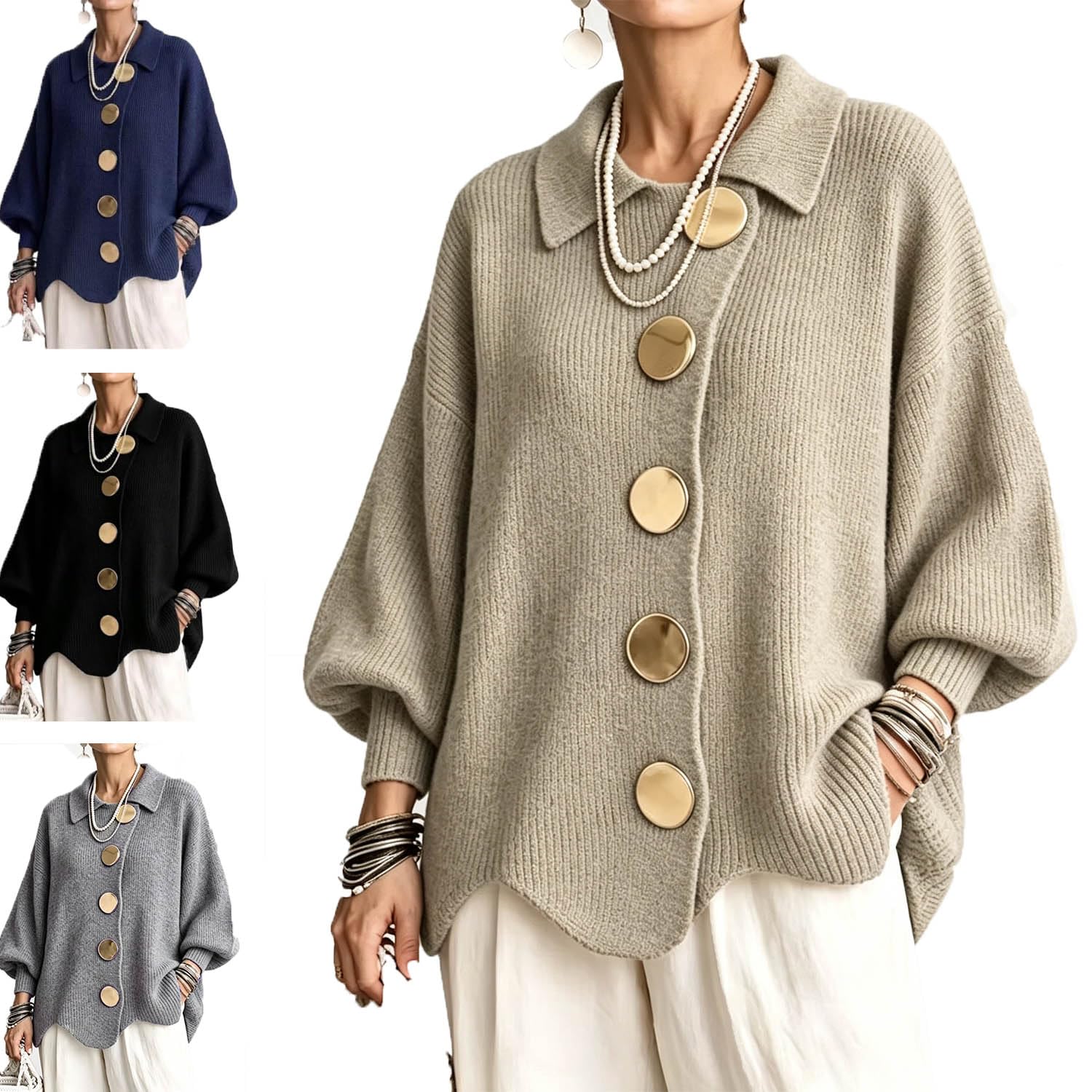 Oversize-Strickcardigan mit Kragen und großen Metallknöpfen
