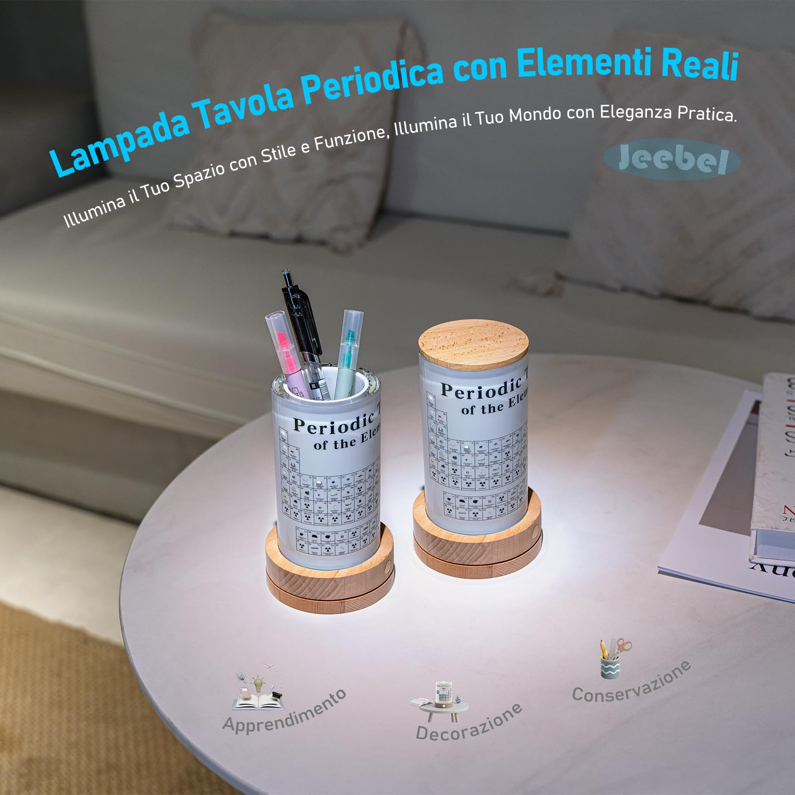 Jeebel Tavola Periodica degli Elementi Reali, Tavola Periodica in Acrilica con LED Supporto, 83 Campioni Chimico di Elementi Veri, Periodic Table per Insegnamento Strumento Regalo Creativo Artigianato