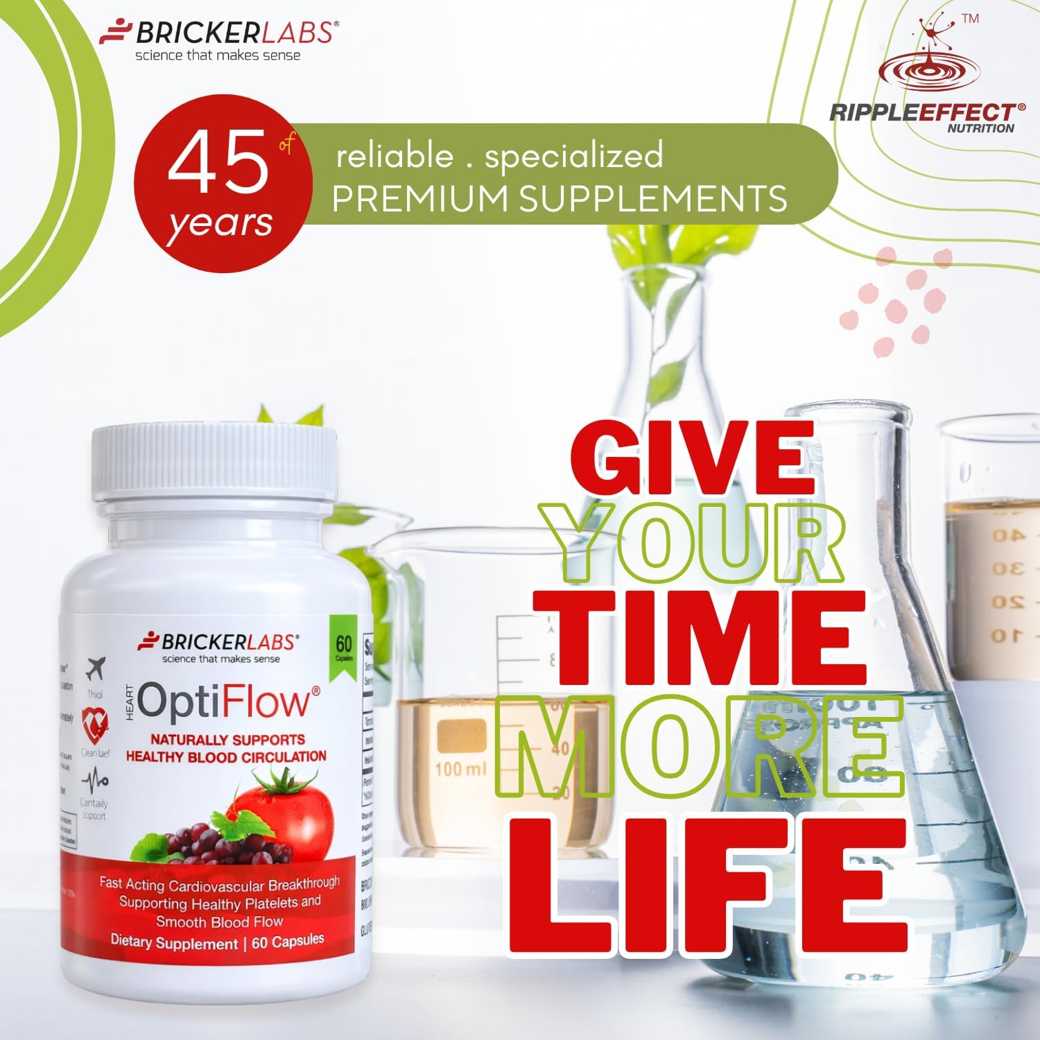 Bricker Labs OptiFlow Circulation Supplement – Supports Healthy Blood Flow & Cardiovascular Function, Vascular Health with FruitFlow & resVida Resveratrol, Gut-Friendly Formula, 60 Capsules