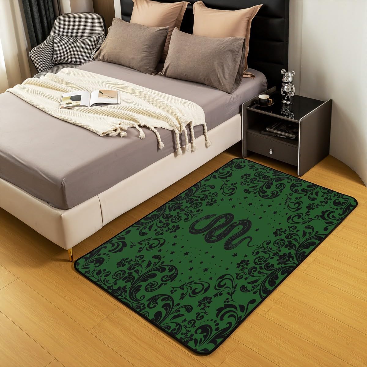 Erosebridal Gothic Snake Living Room Rugs 3x5 for Bedroom | Green Mysterious Gothic Wildlife Area Rug Goth Western Boho Hippie Carpet Non Slip Bohemian Floral Animal Indoor Floor Mat