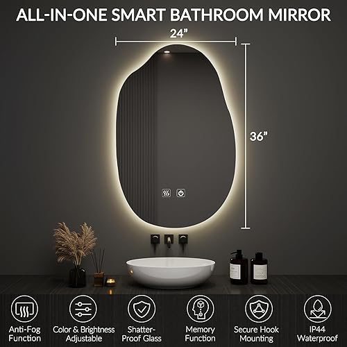 Miniatura 7 de Espejo de baño irregular con luces, espejo de pared de baño LED con retroiluminaciónantinieblailuminación regulable de 3 colores, espejo asimétrico