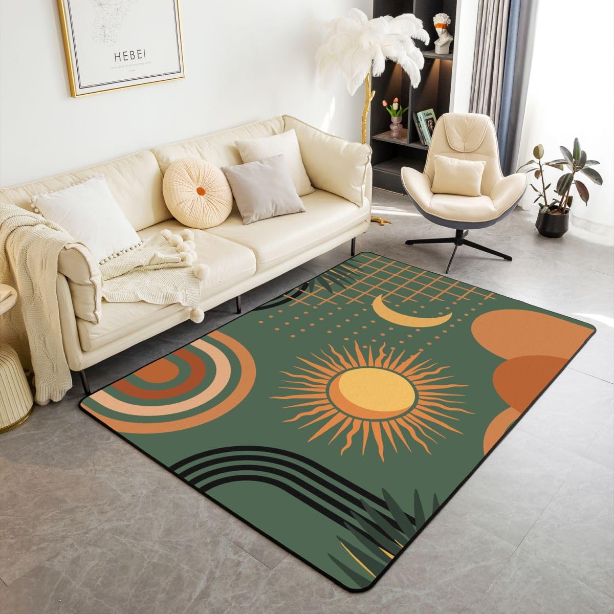 Homewish Geometryczny dywan z połowy wieku 150 x 200 cm do sypialni - słońce i księżyc boho geometryczne dywany salon boho abstrakcyjne linie nie gubi włosia dywan duże dywany
