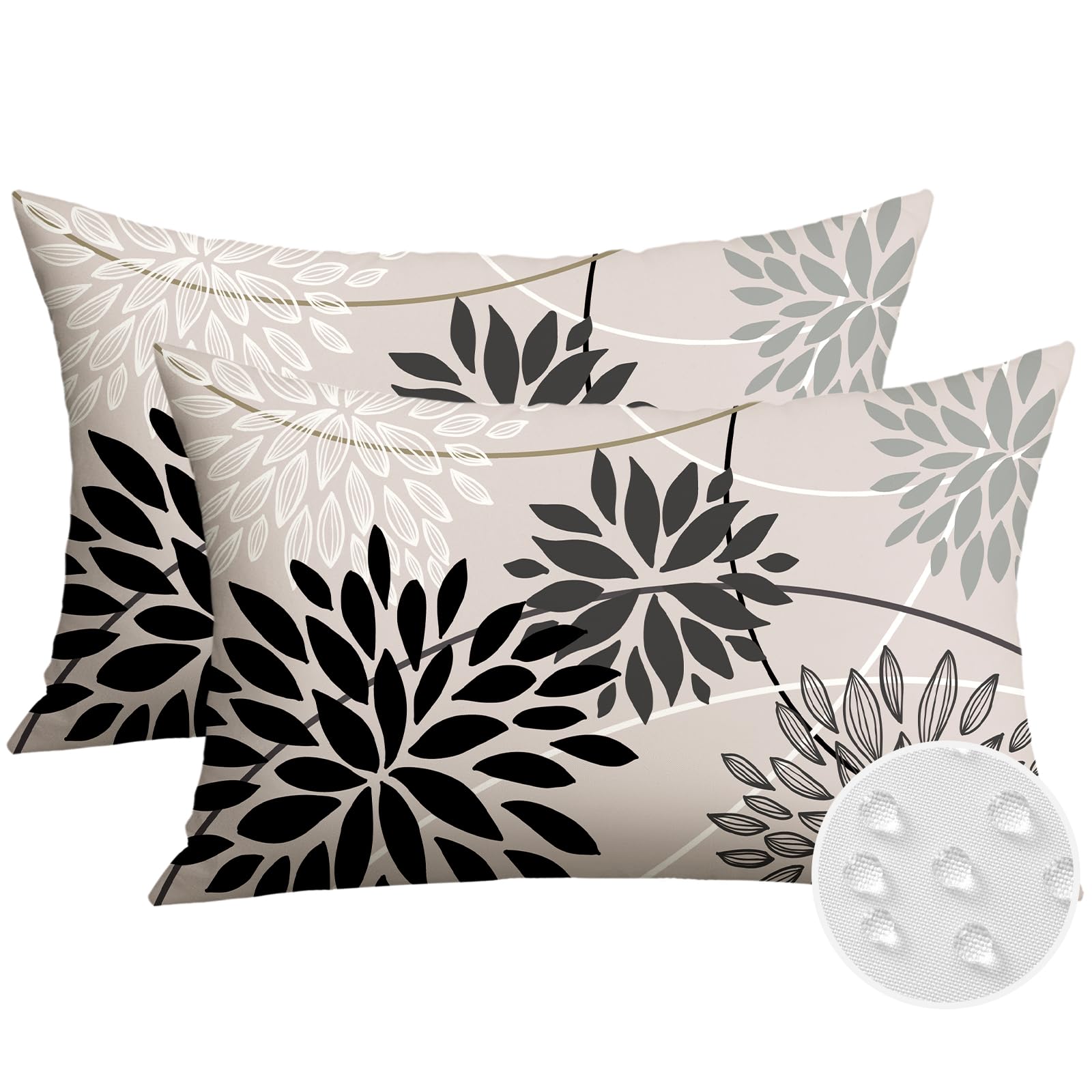 Artscope Outdoor Waterproof Black Dark Grey Cushion Covers Geometric 40x60cm Set of 2 White Dahlia Floral Pillowcases Outdoor Flowers Pillow Covers for Patio Garden Bench Sofa Farmhouse Decor