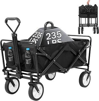 Collapsible Wagon Foldable Heavy Duty Steel Utility Outdoor Beach with Big Wheels for Sand, Garden Cart Grocery 360 Degree Swivel and Adjustable Handle, Black