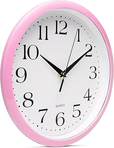 Miniatura 3 de Bernhard Products Reloj de pared rosa claro, silencioso, sin tictac, cuarzo de calidad de 10 pulgadas, funciona con pilas, redondo, fácil de leer,