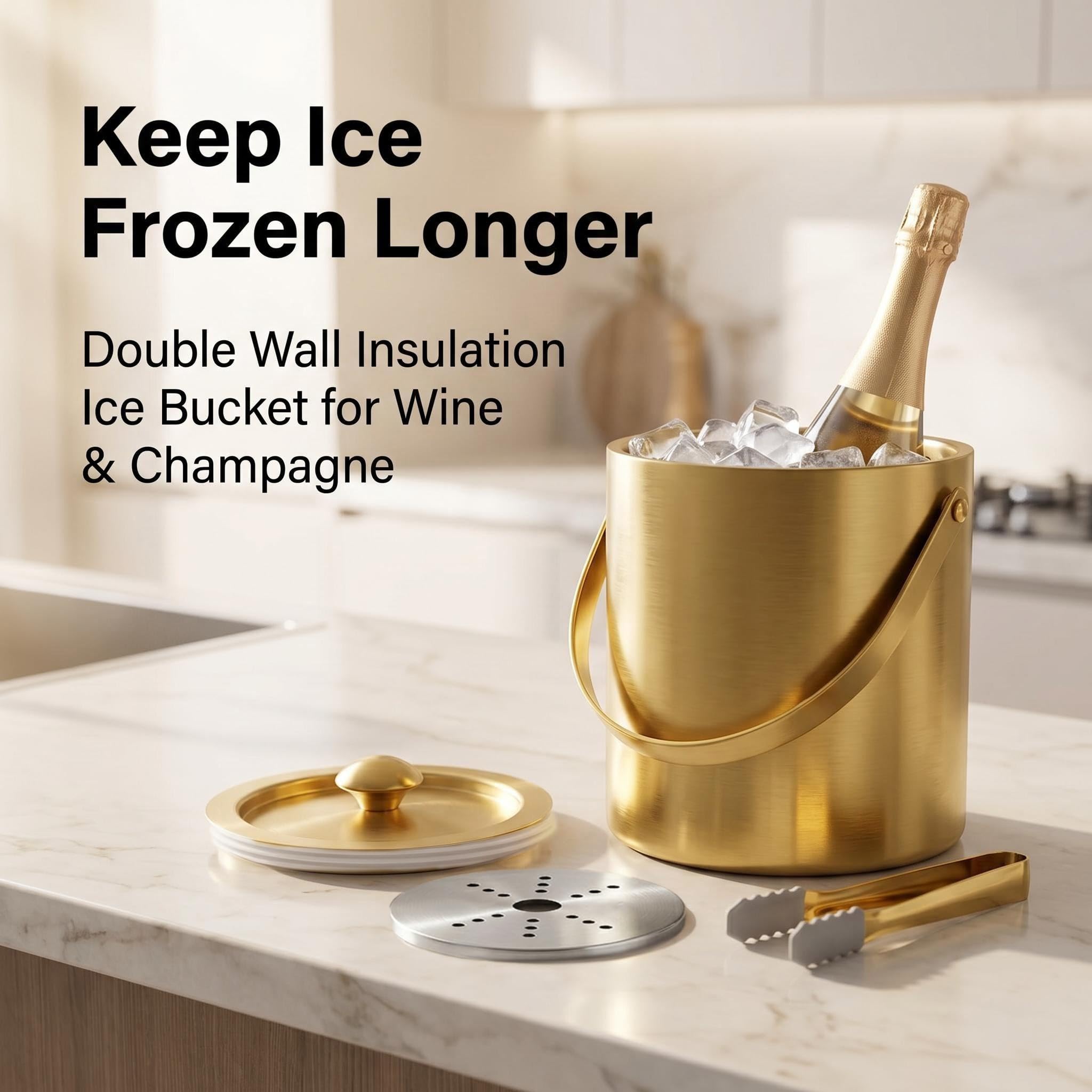 Eiskübel mit Deckel und Zange, doppelwandiger Weinkühler, 3 l, goldfarben | Isolierter Edelstahl-Eimer für Champagner, Wein, Bier, Partys, Barwagen, Outdoor-Unterhaltung, hält Eis länger
