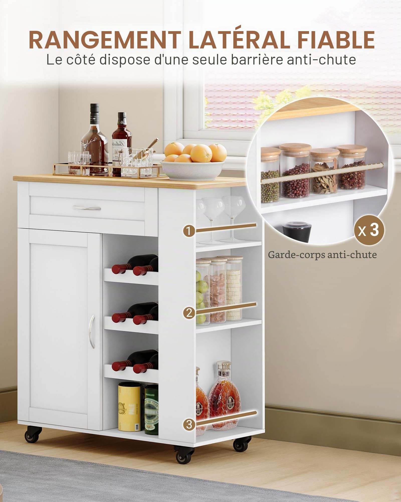 Hzuaneri Chariot de Rangement à 3 Niveaux, Étagère de Cuisine, Chariot de Cuisine à roulettes, Casier à Vin, pour Les Cuisines, Les Salons et Les Salles à Manger, 68 × 86 × 40 cm, Blanc ST03003W