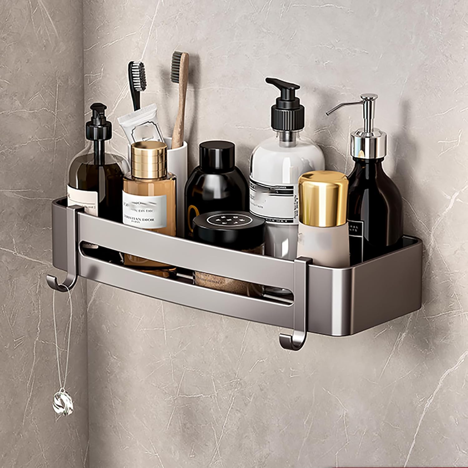 SRURLLUG Shower Caddy Adhesive No Drill Bathroom Shelves Basket Rustproof Shower Shelves Wall-Mounted Shower Holder Bathroom Organizers and
