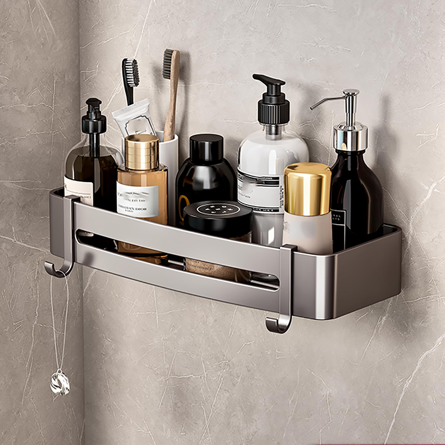 SRURLLUG Shower Caddy Adhesive No Drill Bathroom Shelves Basket Rustproof Shower Shelves Wall-Mounted Shower Holder Bathroom Organizers and