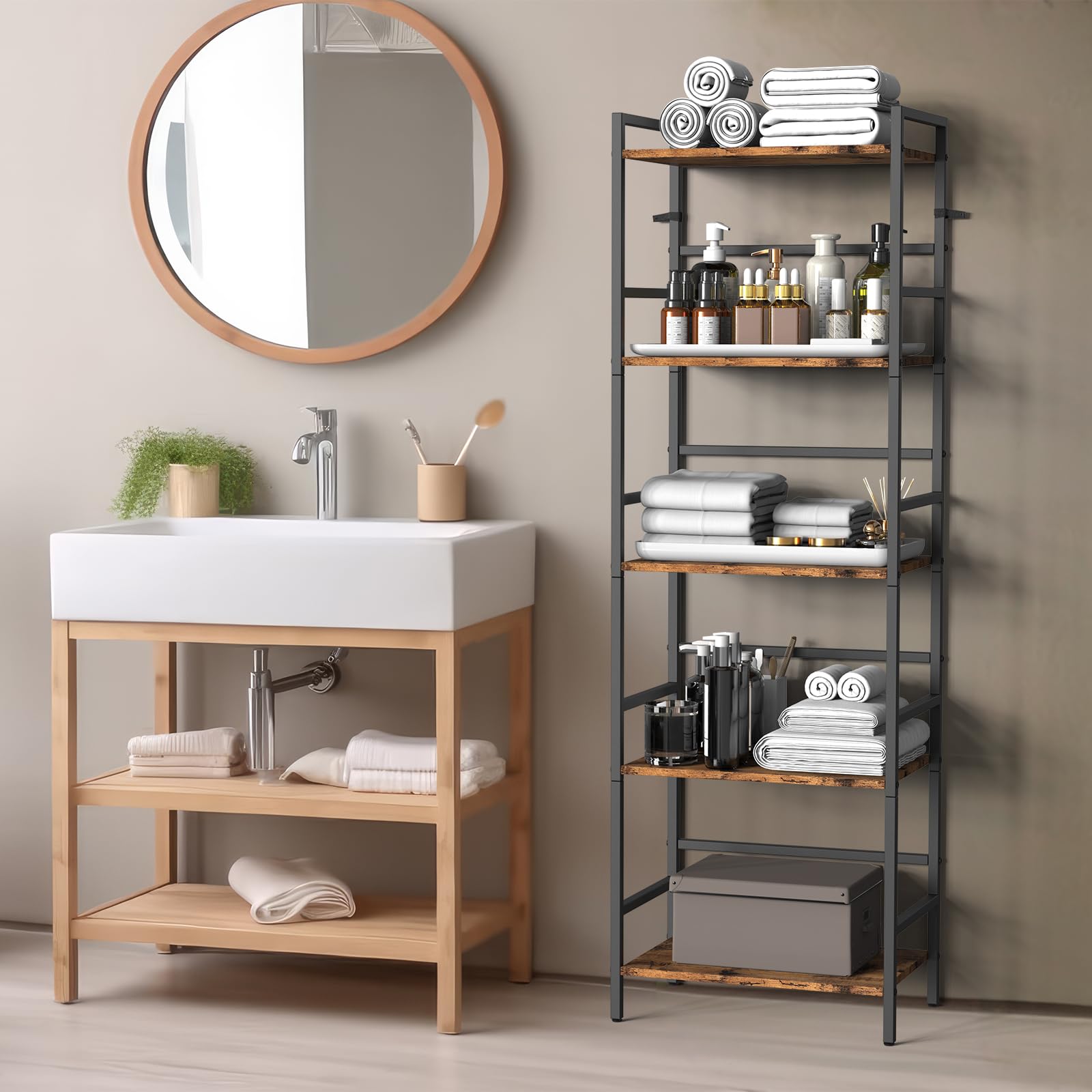 CADUKE Bibliothèque à 5 Étagères, Rack de Rangement Marron Rustique et Noir, Cadre en Bois et Métal, Grande Étagère pour Salon, Chambre, Bureau, Unité de Rangement Ouverte, Design Industriel