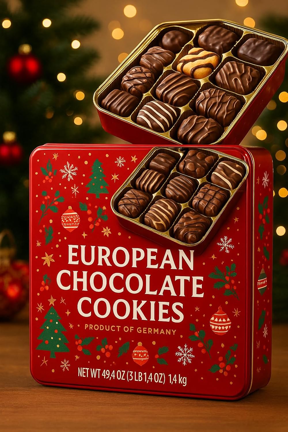 European Chocolate Cookies Assortment – Premium Butter & Chocolate-Dipped Cookies – Festive Christmas Cookie Box, 49.4 oz Variety Pack – Perfect for Gifting, Parties & Entertaining. Packaging May VaRY