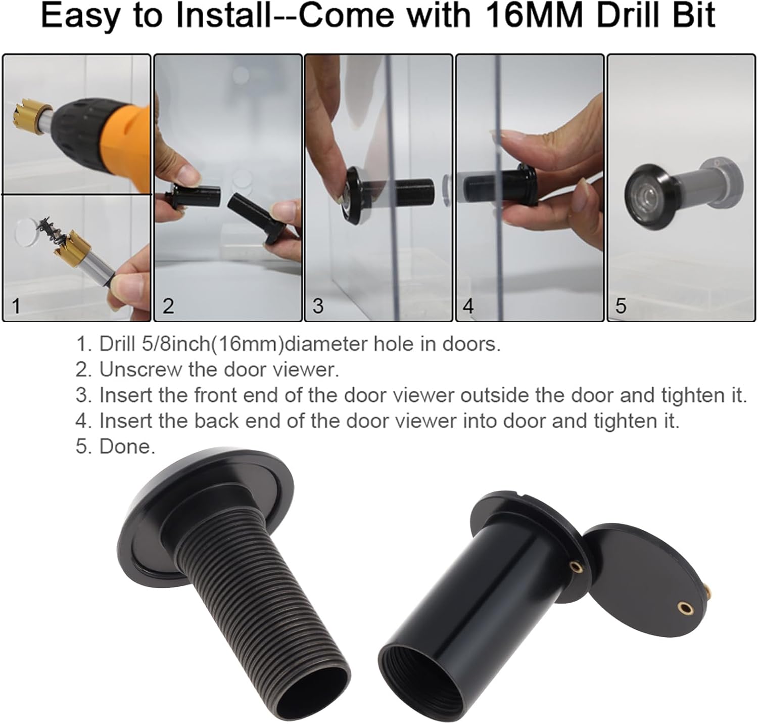 Door Viewer Peephole, Solid Brass Peephole with 5/8" (16 mm) Drill Bit for 1-1/2" to 2-3/8" Doors, 200 Degree Wide Viewing Angle Peep Holes for Front Door with Privacy Cover (Black)