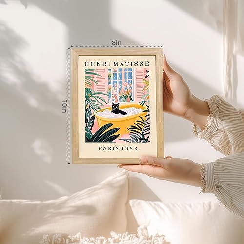 Miniatura 5 de kilamino Wood Framed Funny Bathroom Wall Art, Henri Matisse Black Cat Wall Decor, Cute Black Cat Bathing Art Print, Colorful Animal Canvas Painting