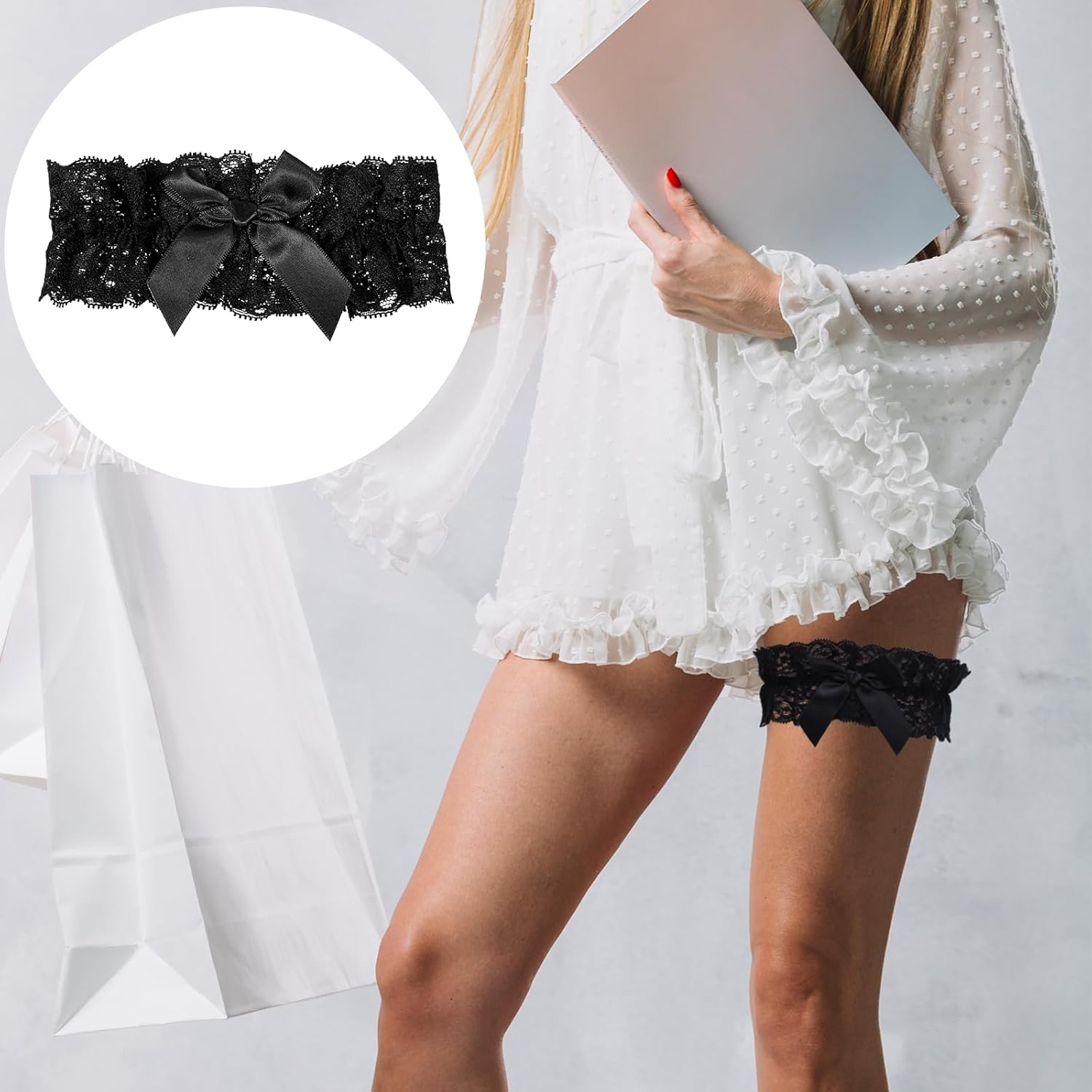2 PCS Wedding Garter, Wedding Garter Lace Women Garters Belts, Party Prom Leg Garters Belt, Ribbon Bowknot Bridal Lace Belt, Black Bowknot Elastic Leg Ring for Women - Image 3