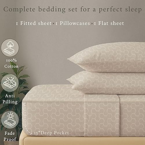 Miniatura 3 de Threadmill Juego de sábanas de algodón de 500 hilos, tamaño individual XL, color beige claro, juego de ropa de cama de 3 piezas con bolsillo