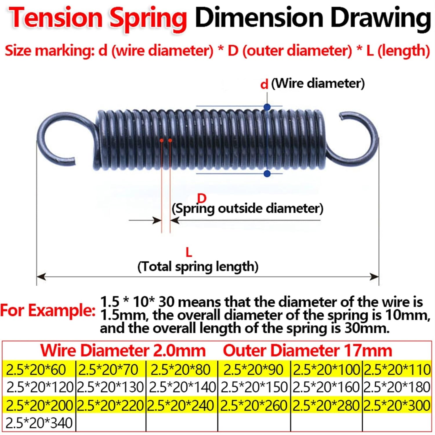 1pcs Tension Spring Pull Back Coil Extension Draught Wire Diameter 2.5mm Outer 20mm(160mm (1Pcs))