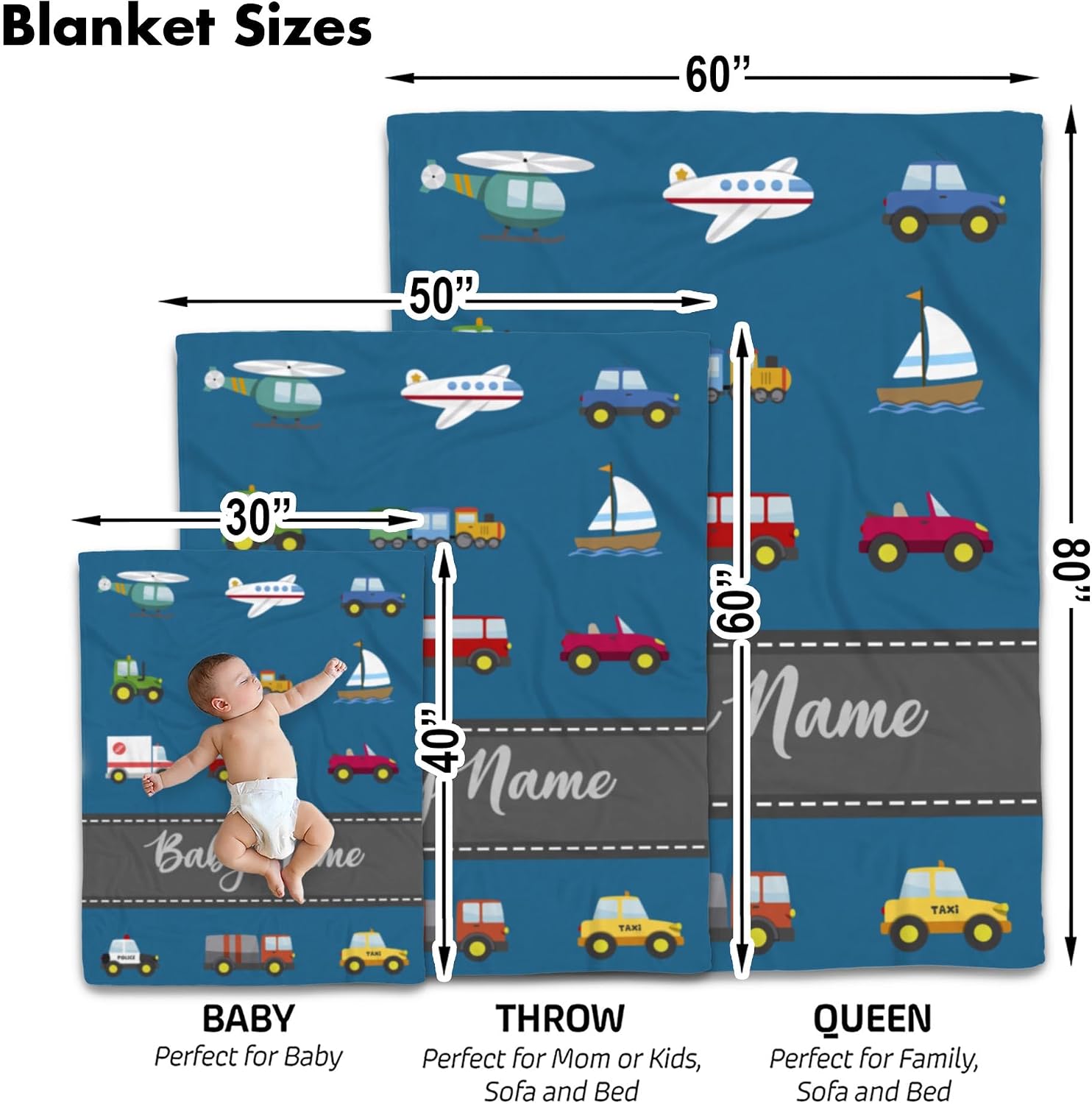 Personalized Transportation Baby Blanket, Custom Name Vehicles Soft Fleece Throw, Colorful Cars Planes Boats Nursery Decor, Baby Boy Shower Gift