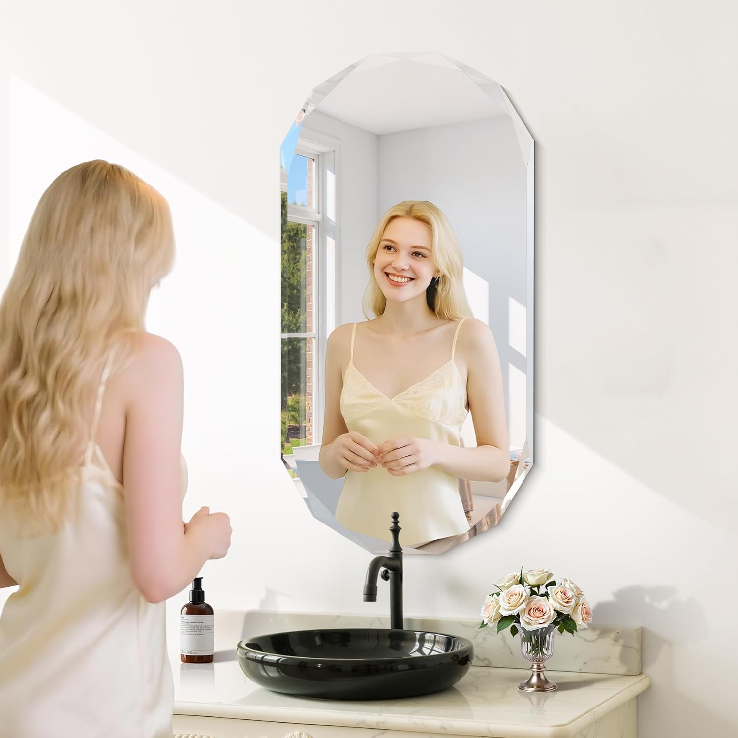 GLASHOM Beveled Edge Frameless Bathroom Mirror, Oval Wall Mirror for Over Sink, 18" x 36" Modern Decorative Vanity Mirror for Bedroom, Living Room, Entryway, Hanging Mirror Horizontal or Vertical