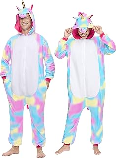 Pijama Unisex para Adultos, Mono de Felpa de una Pieza, Disfraz de Animal de Unicornio Colorido Azul M