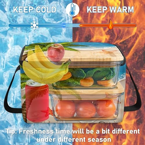 Miniatura 6 de Bolsa de almuerzo aislada con diseño de estrellas de mar, conchas marinas, olas, árbol, para mujeres, reutilizable, bolsa de almuerzo cuadrada para