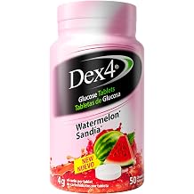 Dex4 Glucose Tablets, Fast Acting Glucose, 4g Pre-Measured Glucose per Tablet, Fat-Free, Gluten-Free, Watermelon, 50 Tablets per Bottle, 12-Pack 600 Units