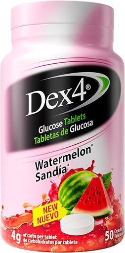 Dex4 Glucose Tablets, 50 Count Bottle, Each Tablet Contains 4g of Carbs (Pack of 1, Watermelon)