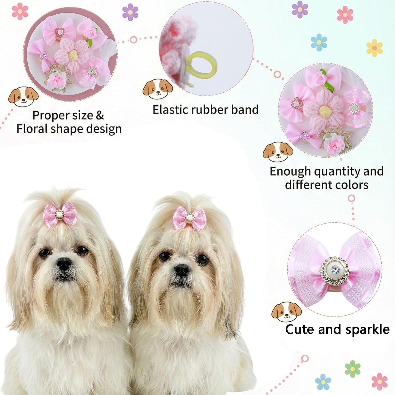 24 Pcs Dog Hair Bows with Rubber Bands, Cute Pink and Purple Puppy Hair Accessories with Polka Dots & Plaid, Fashionable Grooming Bows with Rhinestone Pearls for Small Dogs Cats(Pink) image 3