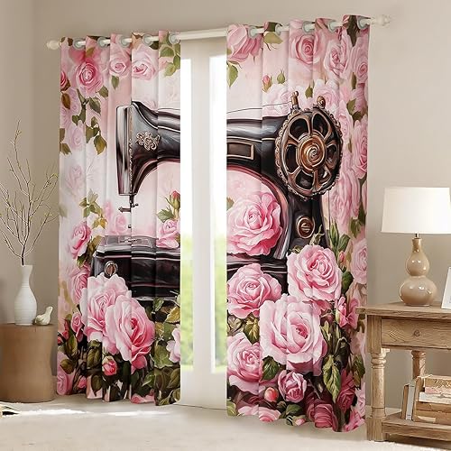 Miniatura 2 de Cortinas de ventana 3D para máquina de coser en 3D, cortinas de ventana de decoración de hojas rosas y verdes para niños, niñas, mujeres, flores de