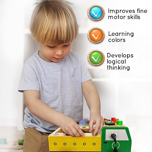 Miniatura 10 de Tablero Montessori de madera para niños pequeños de 3 a 5 años con 15 bombillas coloridas, dos interruptores, USB, relé, llave, USB, mejora las