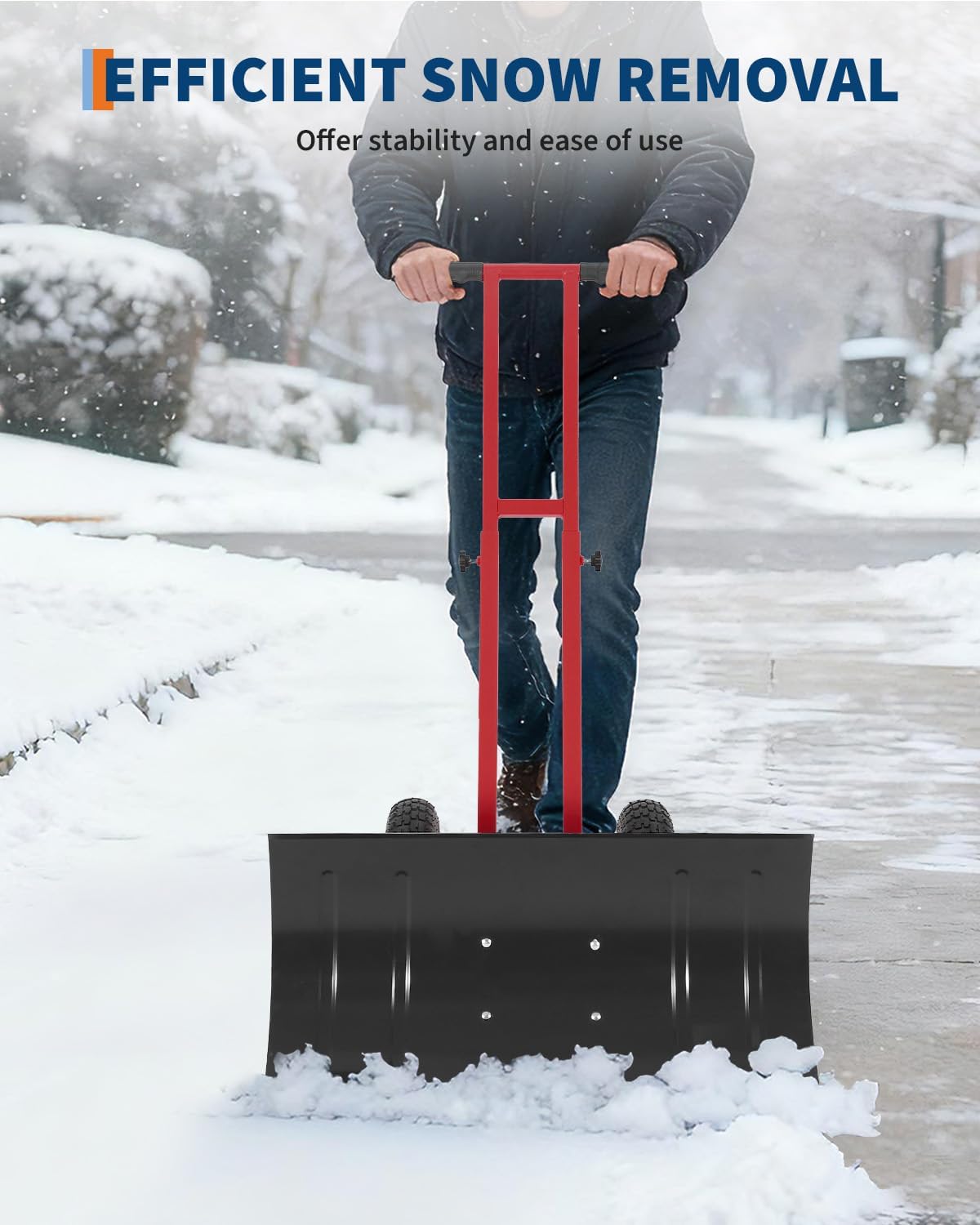 Heavy Duty Wheeled Snow Shovel with 36-Inch Wide Metal Blade Pusher, Angle and Height Adjustable Handle for Easy Snow Removal on Driveways, Sidewalks, and Yards,