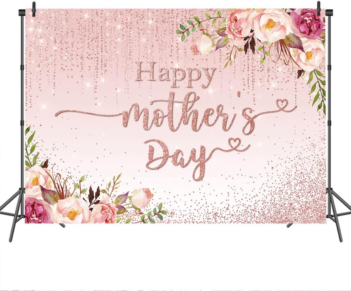 Mocsicka Happy Mother's Day Backdrop Floral Golden Dots Mothers Day Birthday Photography Background for Women Thanks Mother's Day Decorations Photo Booth Props (10x7ft New)