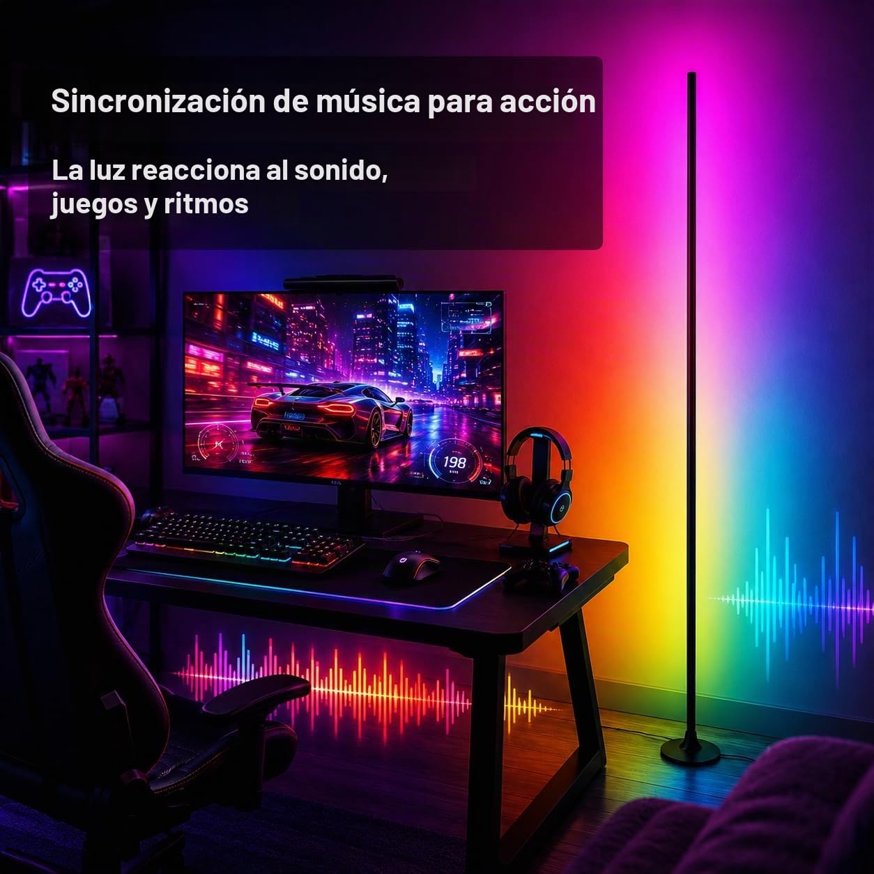 Lámpara de Pie LED RGB, Regulable con Mando y App, 16M Colores y Sincronización Musical, 120 cm, Angular Desmontable