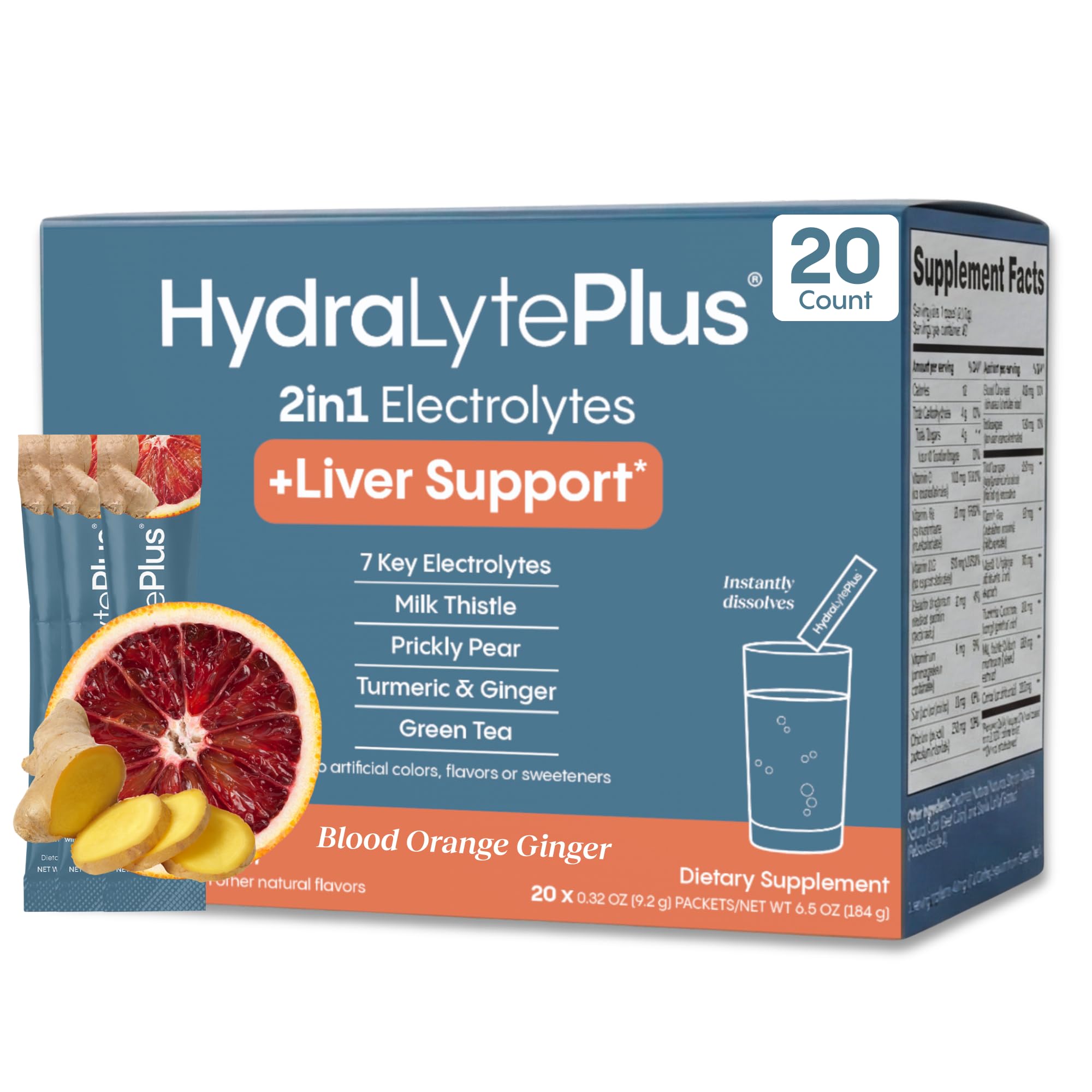Liver Support + Electrolyte Mix with Milk Thistle, Turmeric, Ginger, Prickly Pear, Green Tea Extract Formulated for Rapid Rehydration (Blood Orange Ginger, 20 Packets)