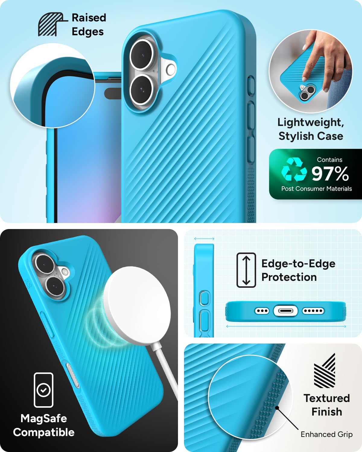 ZAGG Luxe Snap Case for iPhone 16 - MagSafe Wireless Charging, 10ft Drop Protection, Eco-Friendly, Graphene Reinforced, Ripple Design, River Blue