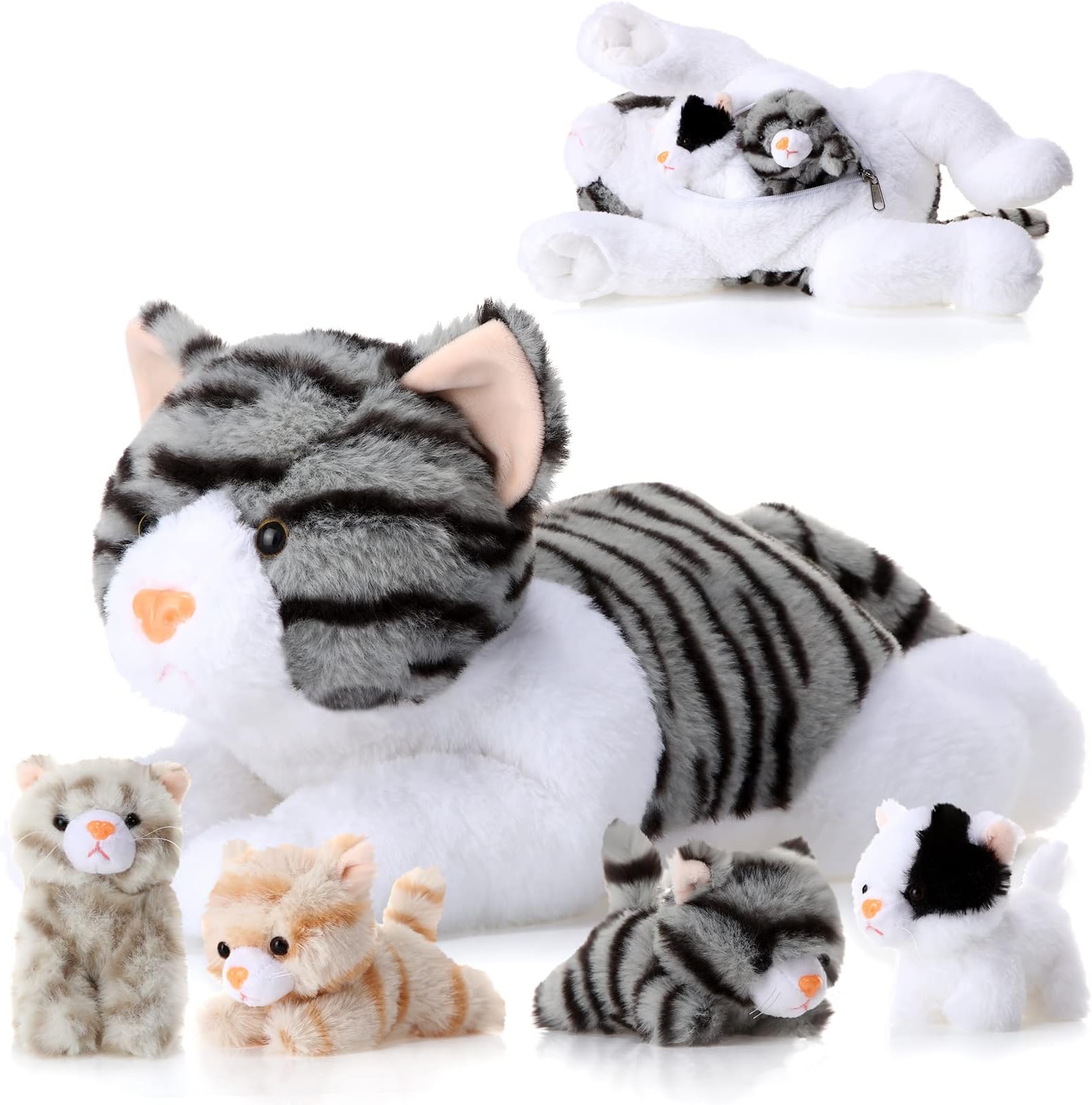 Skylety 5 Pieces Cat Stuffed Animal with Babies Inside Belly pregnant Cat Plush mommy kitty with 4 Cute Fluffy Stuffed Kittens Easter Birthday Surprise Gifts(Gray)