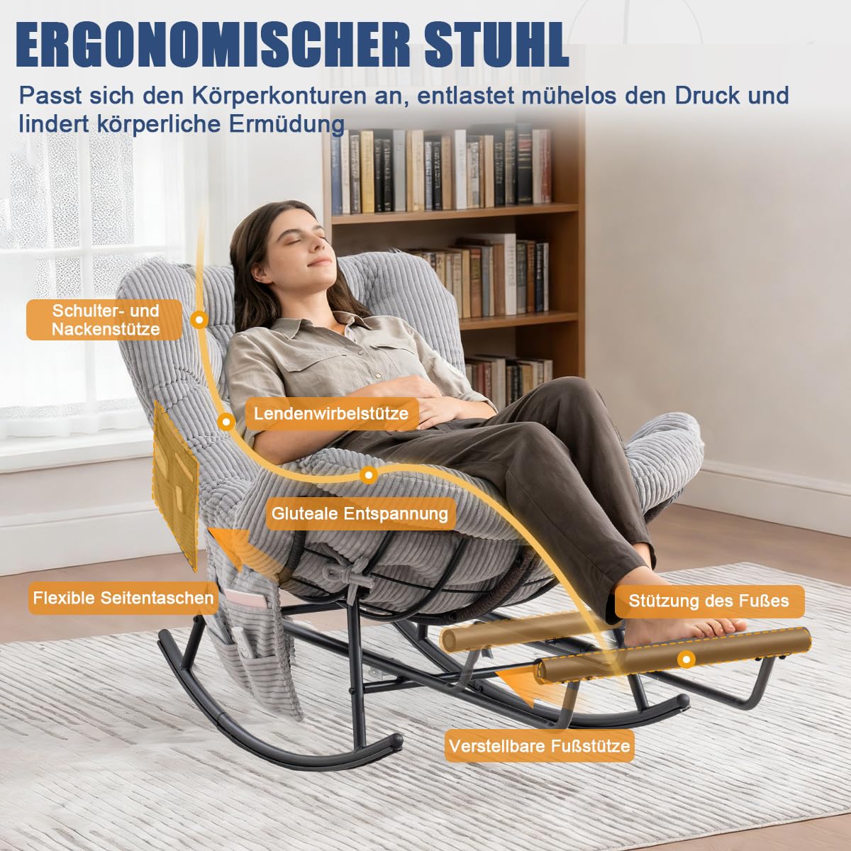 Schaukelstuhl mit Verlängerbarer Fußhocker, Indoor & Outdoor-Rattansessel ohne Armlehnen mit Kissen und Seitentasche, Rutschfesten Füßen, für Wohnzimmer, Balkon, Schlafzimmer, Hellgrau Cord