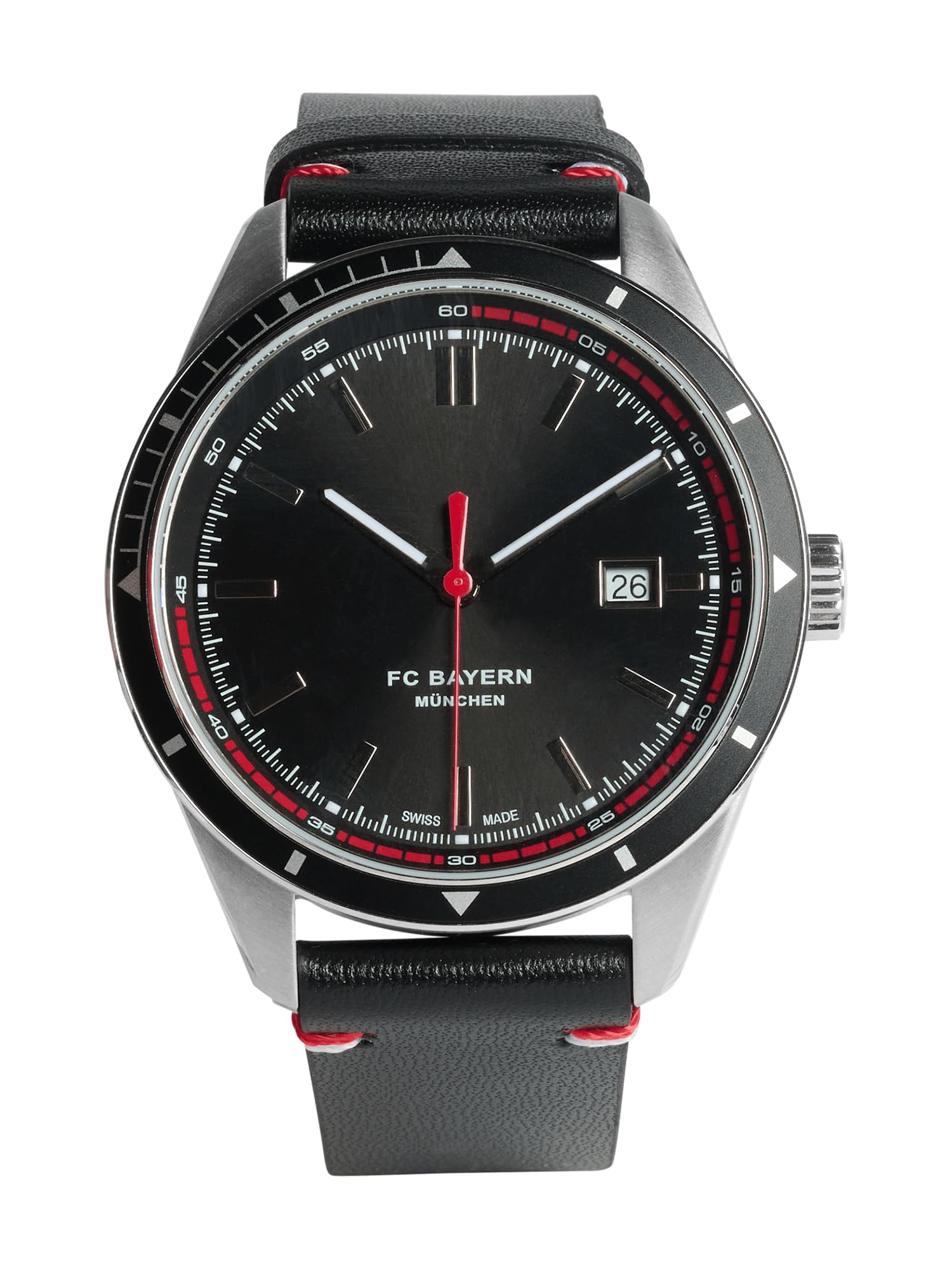 FC Bayern München Armbanduhr Limited Edition (Schwarz) I Quarzuhrwerk mit Lederarmband & Edelstahlgehäuse I Wasserdicht bis 3 ATM I Offiziell lizenziert